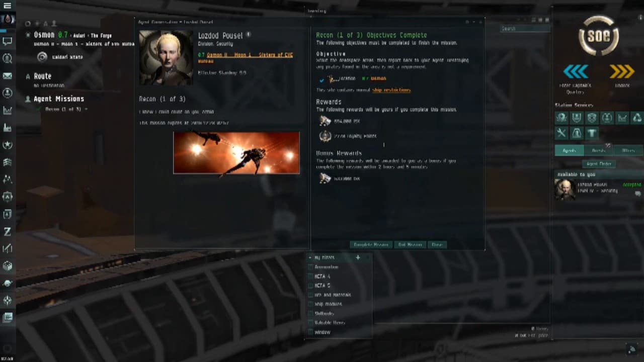 EVE online Mission LV4 SOE en français QC Recon 1,2 et 3 de 3. ''blitz''