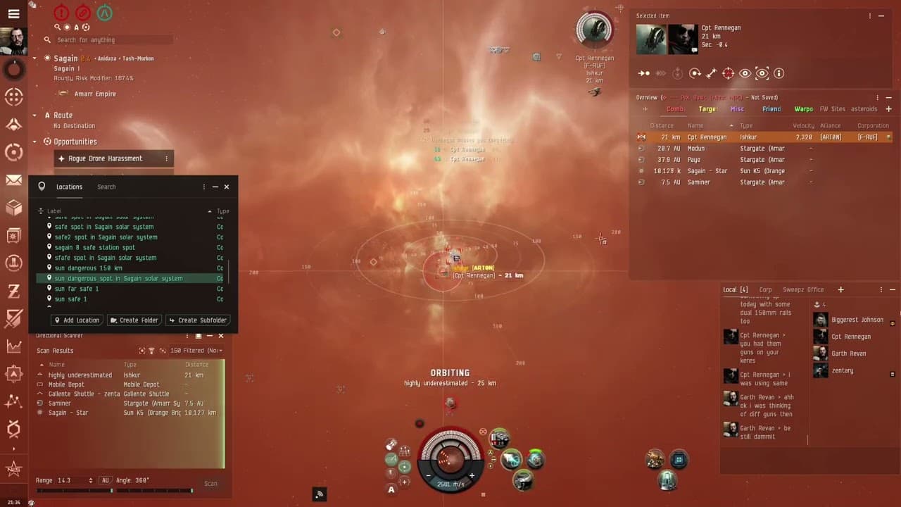 [GAMING][EVE ONLINE] I escape from an ishkur in my ares after a quick battle at the sun!